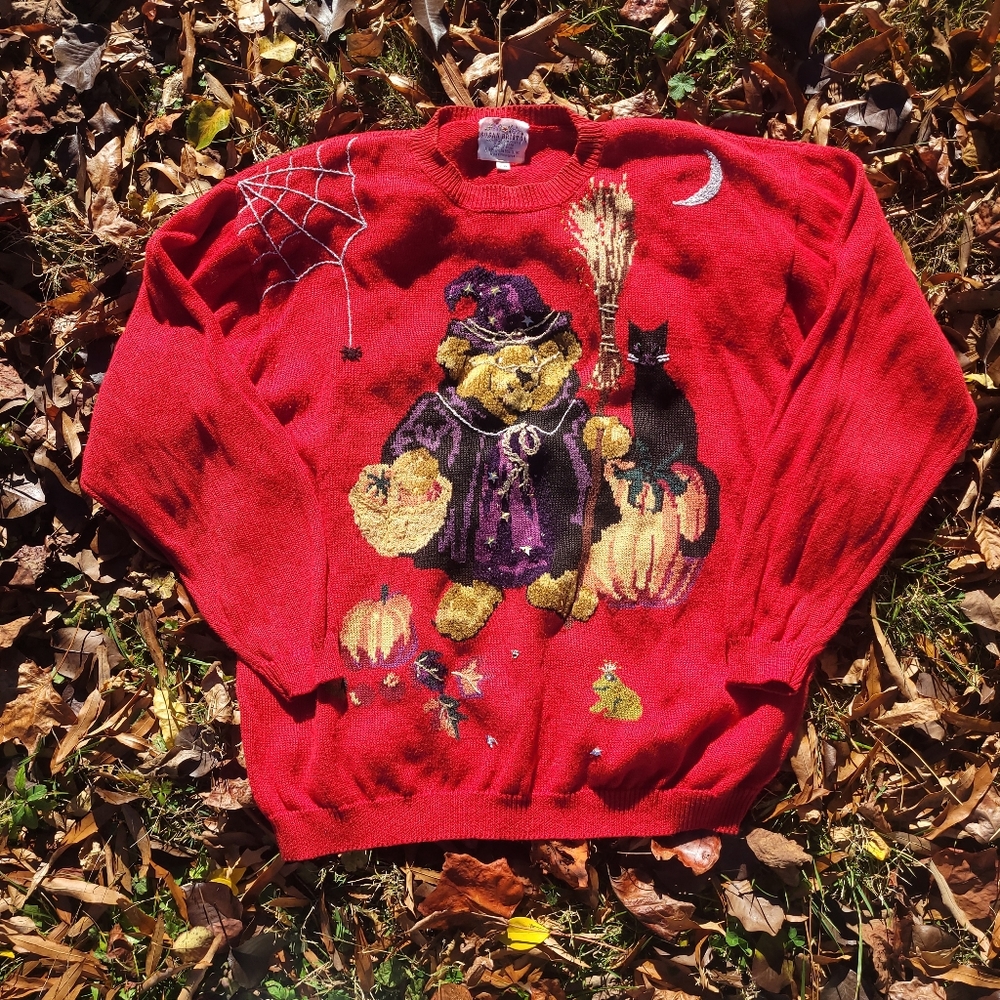 Vtg 90s Teddy Bear Halloween Fall Witchcraft Sweater Susan Bristol